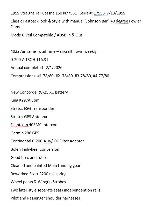 Details and specifications of a 1959 Cessna 150 aircraft with upgrades and maintenance notes.