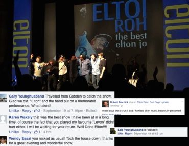 Elton John tribute band performing on stage with enthusiastic audience comments.