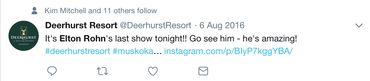 Tweet about Elton Rohn's last show at Deerhurst Resort.