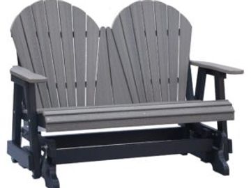 Gray wooden double Adirondack glider chair with black base.