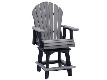 A gray and black Adirondack high chair with armrests and footrest.