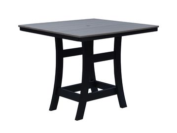 A modern square table with a dark wooden top and black legs.