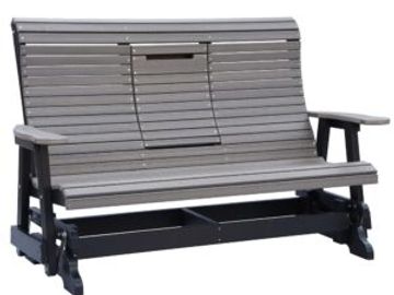 A wooden outdoor glider bench with armrests and a slatted backrest.