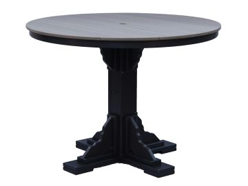 Round wooden table with sturdy black pedestal base.
