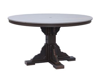 Round wooden table with a sturdy base and dark finish.