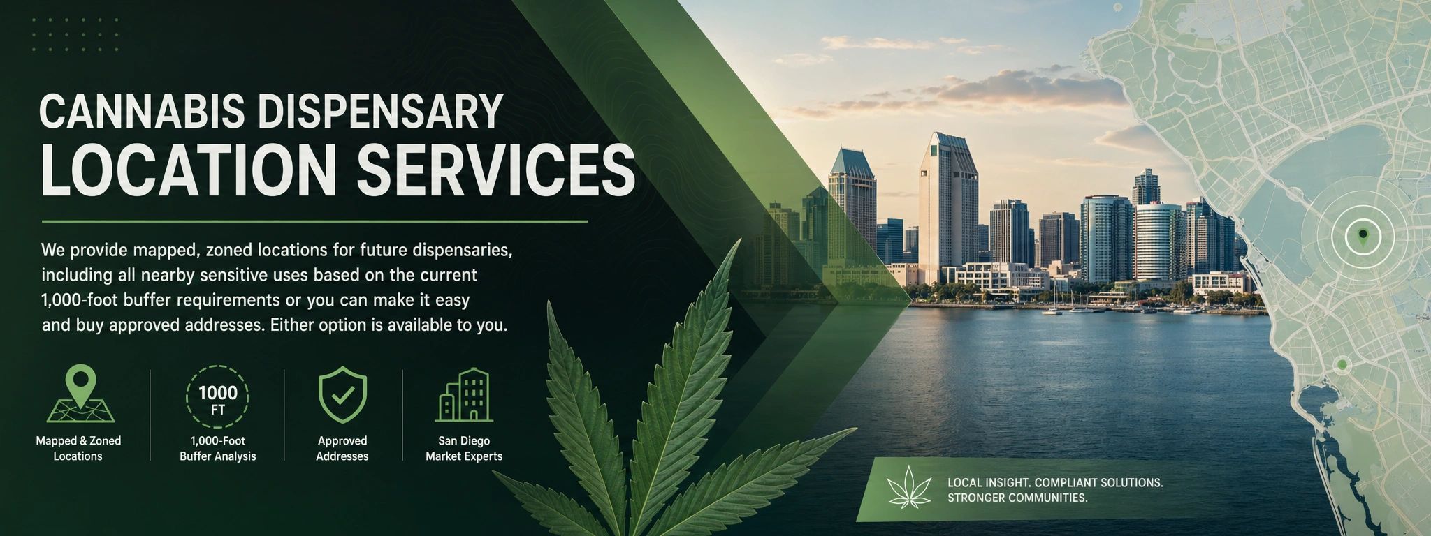 Cannabis dispensary location services with mapped zones and approved addresses in San Diego.