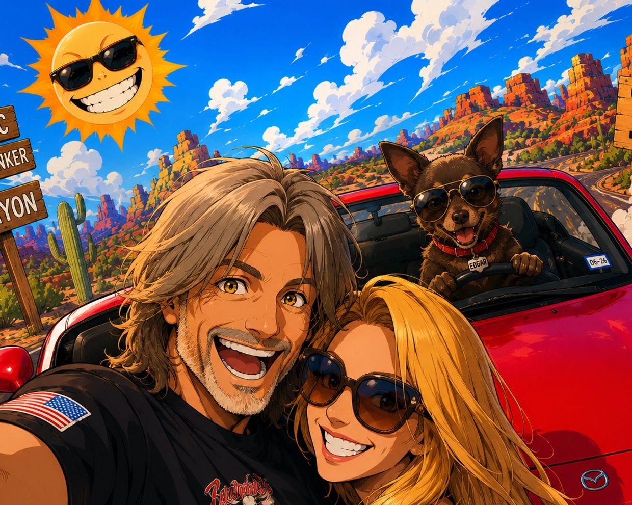Happy couple and dog on a sunny road trip.