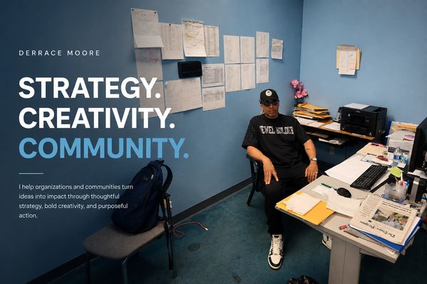 A person sits in a cluttered office with strategy and creativity text overlay.