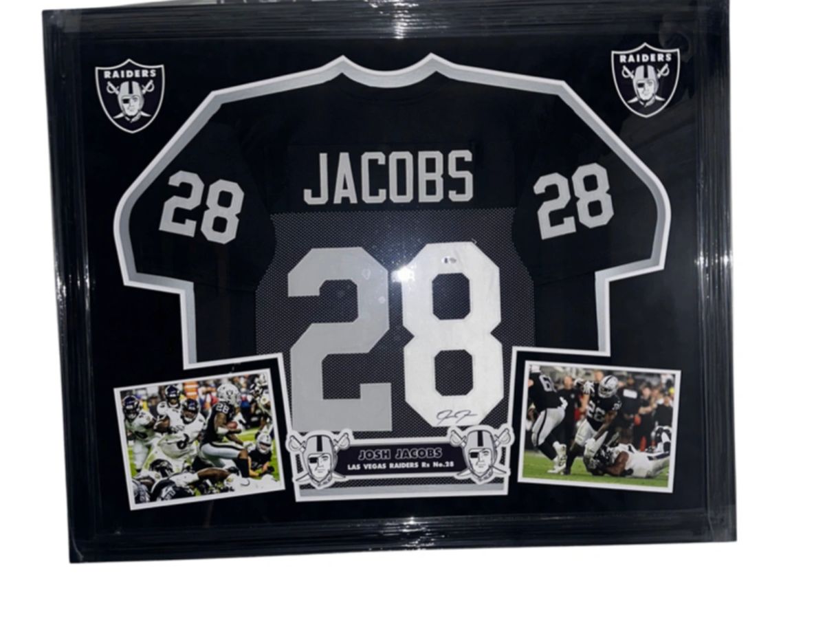 JOSH JACOBS Signed/Autographed Custom Raiders Jersey in Frame 36” X 44”  Beckett Q71733