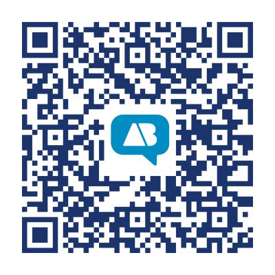 Blue and white QR code with a speech bubble logo.