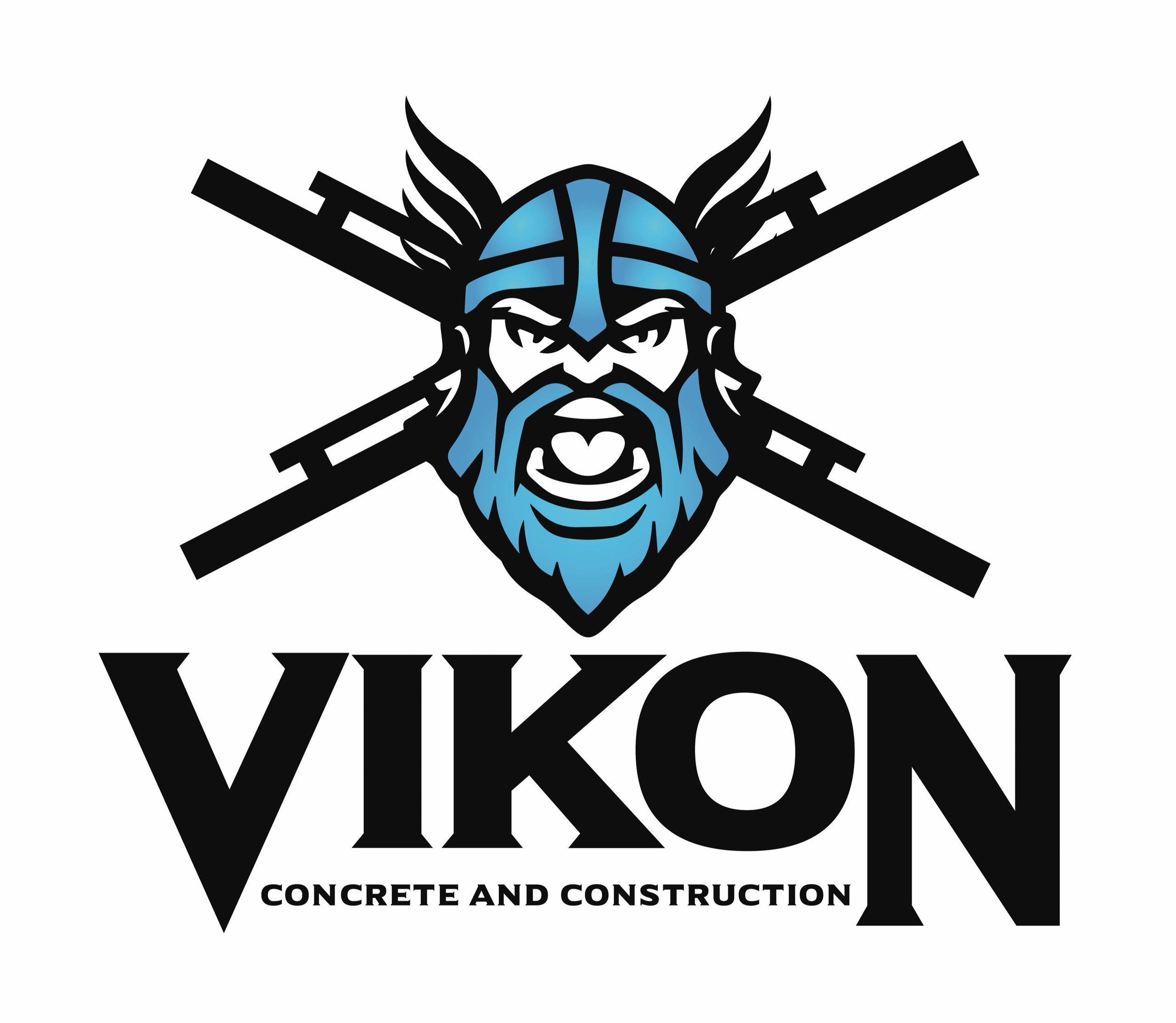 Logo of Vikoni Concrete and Construction featuring a blue Viking head with crossed tools.