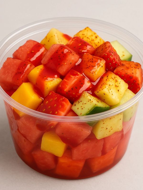 A colorful fruit cup with watermelon, mango, strawberries, and cucumber drizzled with chili powder and sauce.