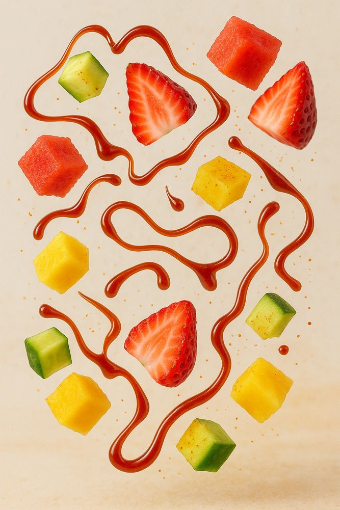 Colorful fruit cubes and strawberry halves with drizzled sauce on a light background.