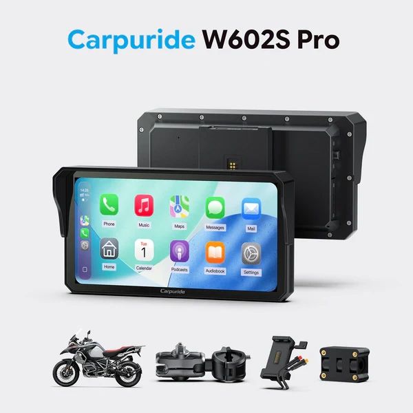 Carpuride W602S Pro motorcycle GPS device with accessories.