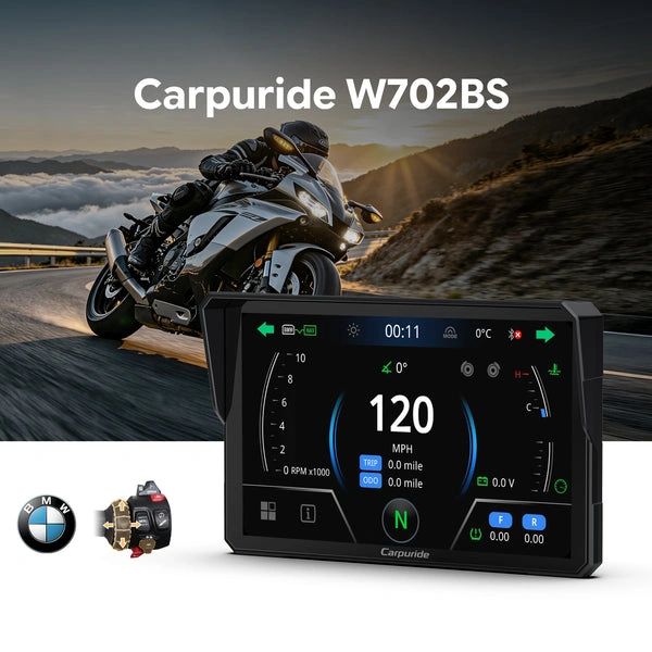 Carpuride W702BS motorcycle digital dashboard display.