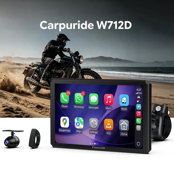 Carpuride W712D motorcycle touchscreen device with apps.