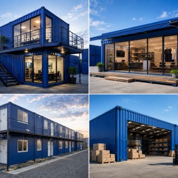 Modern blue shipping container buildings used as offices and storage.