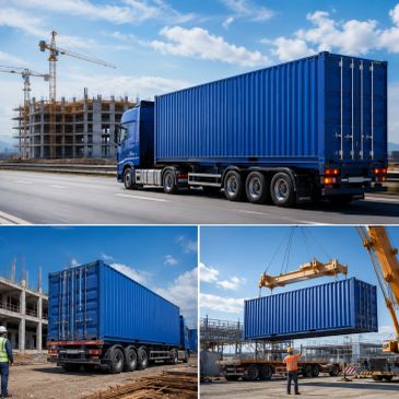 Blue shipping container being transported and lifted at a construction site.