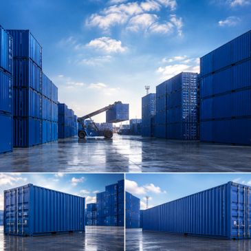Blue shipping containers stacked in a yard under a bright sky.