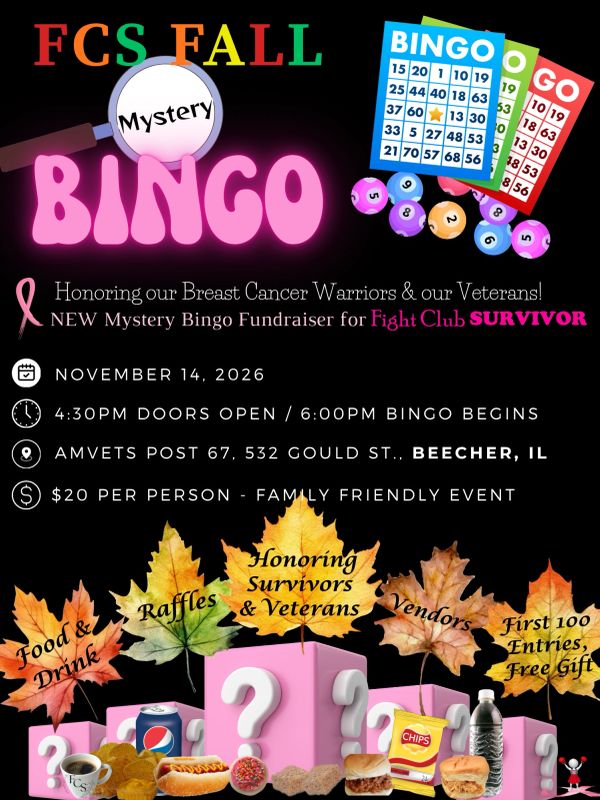 FCS Fall Mystery Bingo fundraiser honoring breast cancer warriors and veterans with food, raffles, and vendors.