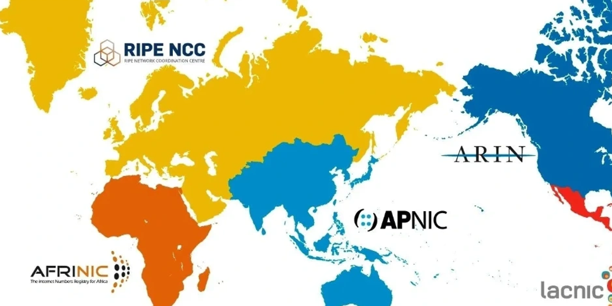 Map showing global internet registry regions with corresponding organizations.