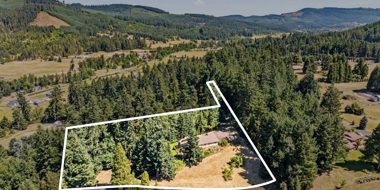 Aerial view of a forested property with a house.