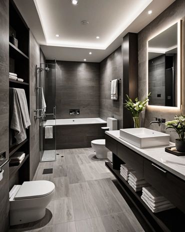Modern bathroom with dark tiles, white fixtures, and elegant lighting.