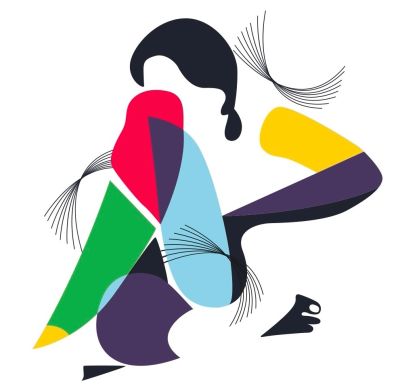 Colorful abstract figure in a dynamic pose with flowing lines.