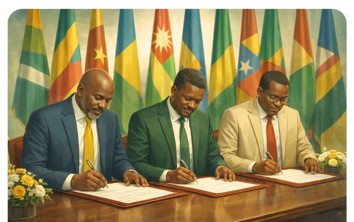 Three men in suits sign documents with African flags in the background.