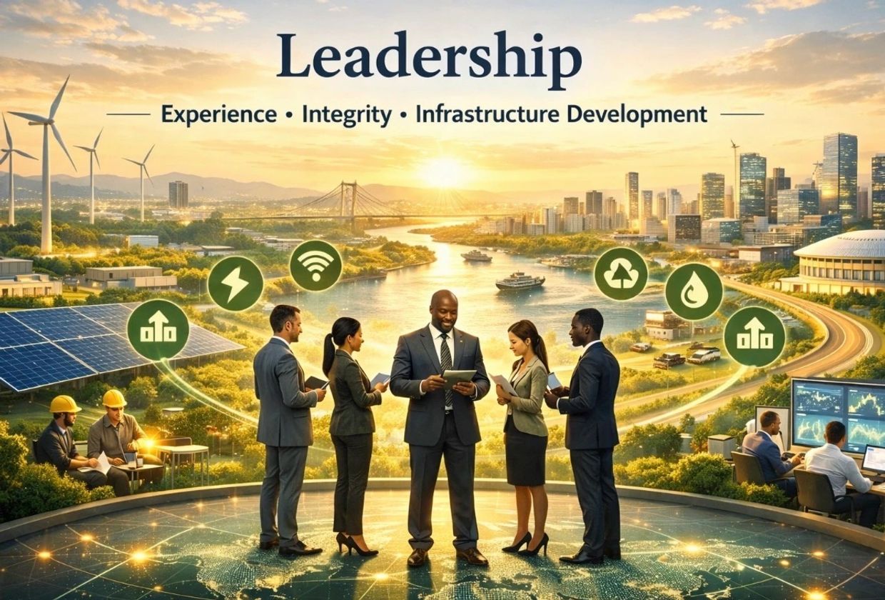 Business leaders collaborate on sustainable infrastructure and technology at sunset.