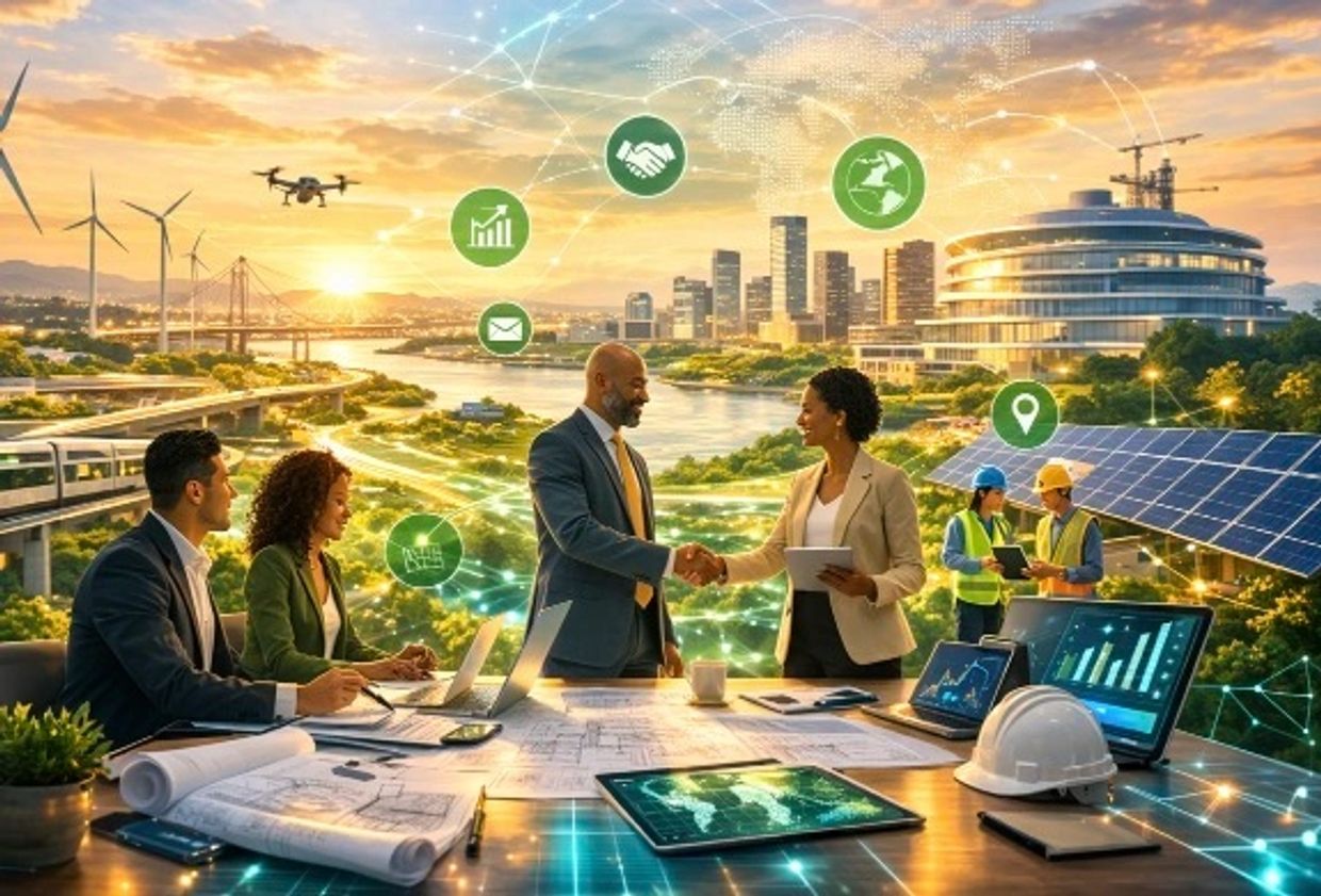 Business professionals collaborate on sustainable energy projects with advanced technology.