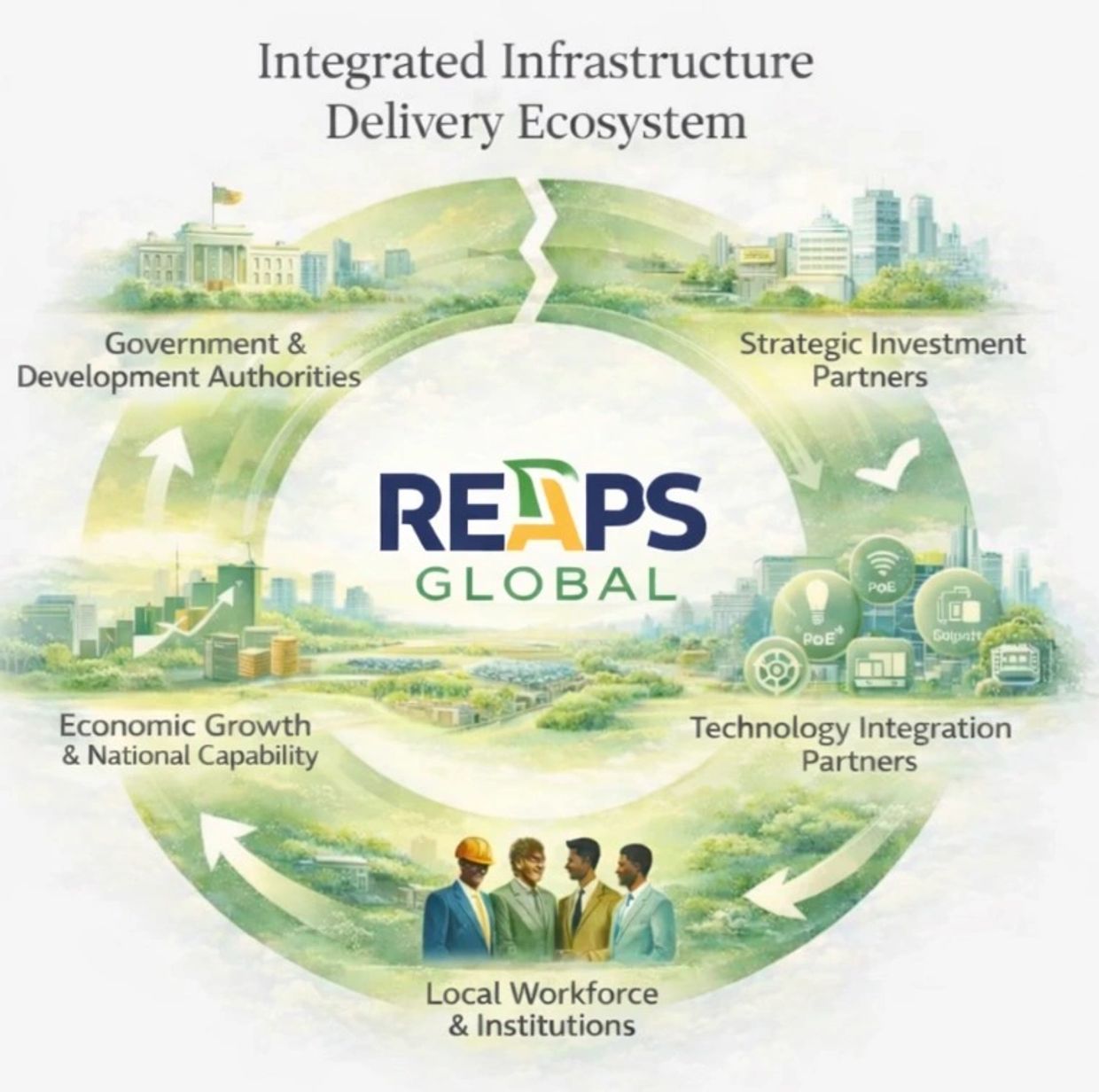 Diagram illustrating REAPS Global's integrated infrastructure delivery ecosystem.