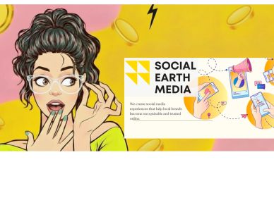 Pop art style woman with Social Earth Media branding and digital marketing icons.