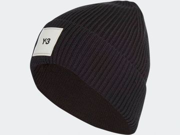 Black knitted beanie with Y3 label.