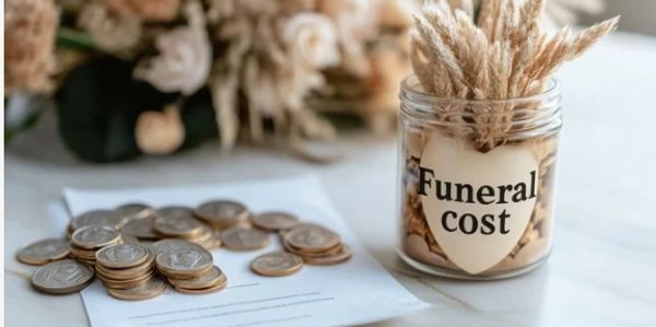 A jar labeled 'Funeral cost' with dried flowers and coins on paper.