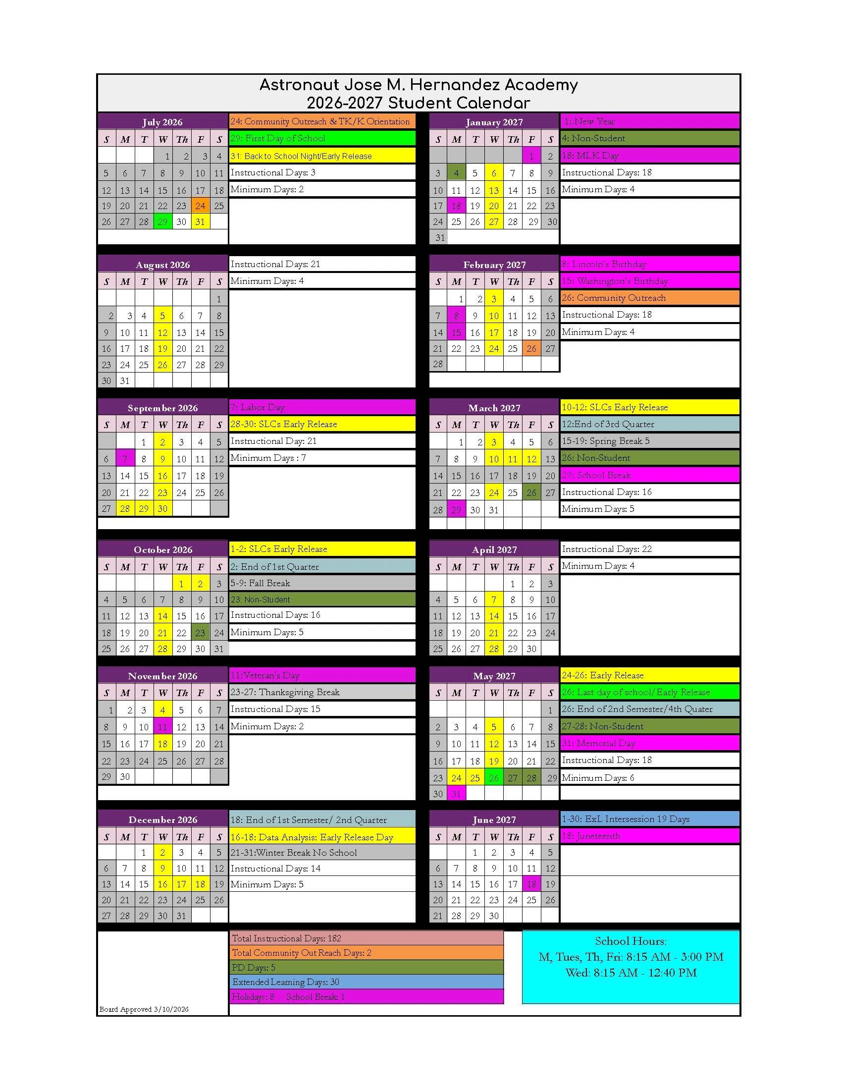 2026-2027 student calendar for Astronaut Jose M. Hernandez Academy with key dates and breaks.