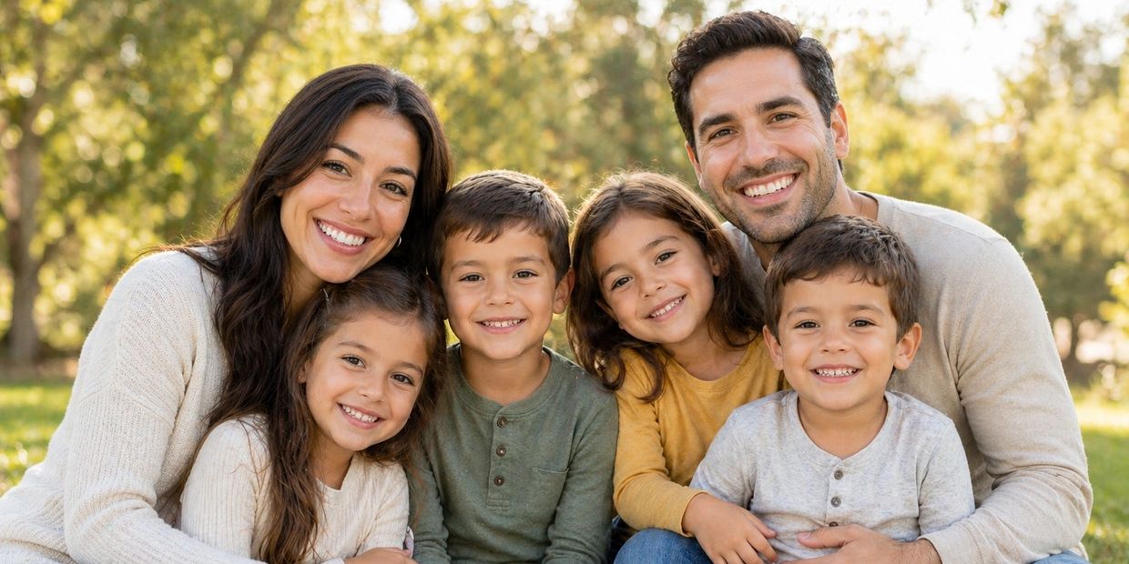 Happy family of six smiling outdoors in a sunny park.