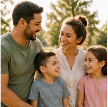 A happy family of four smiling outdoors in a park.
