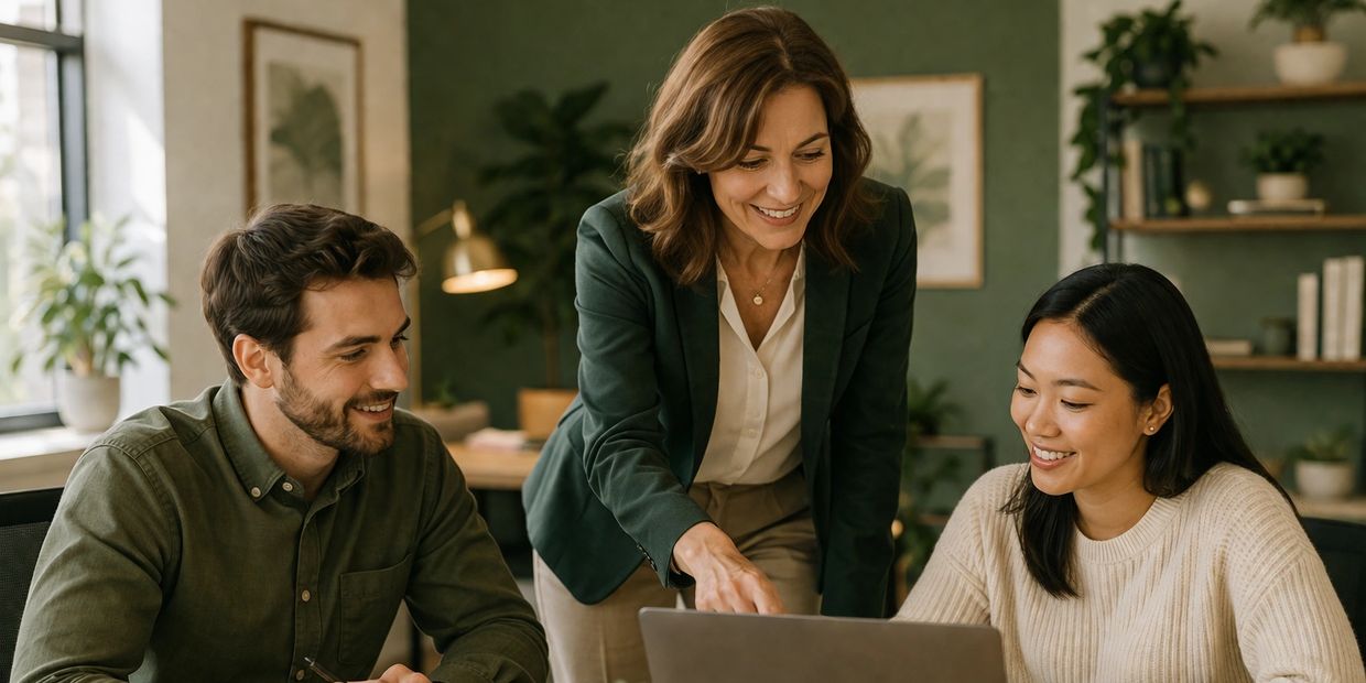 Three colleagues smiling and discussing work around a laptop in a cozy office.