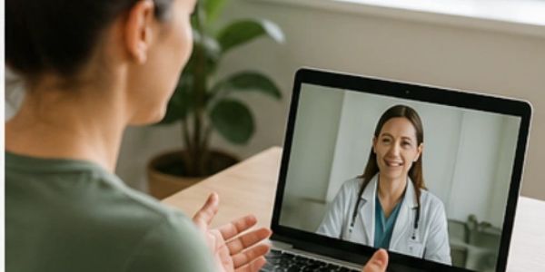Woman consulting a female doctor via video call on a laptop.