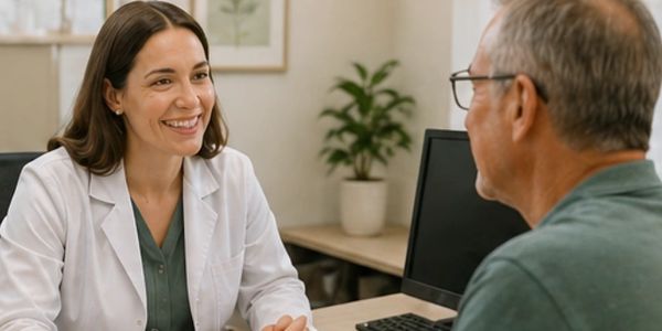 A female doctor smiling and talking to an elderly male patient in an office.
