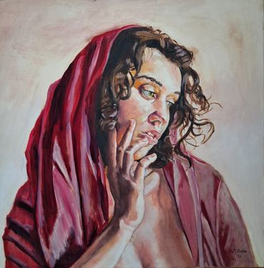 Portrait of a person in a red shawl with contemplative expression.