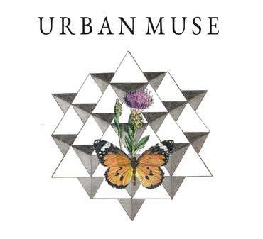 Geometric pattern with a butterfly and flower under the text 'URBAN MUSE'.