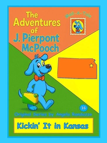 Cover of a children's book featuring a blue dog named J. Pierpont McPooch in Kansas.