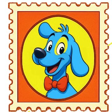 Cartoon blue dog with a red bow tie inside a stamp frame.