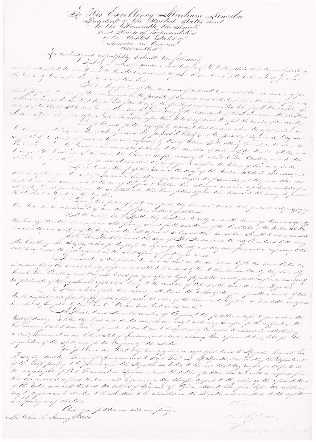 Petition to President Abraham Lincoln written by Free Colored People of Louisiana on January 5, 1864