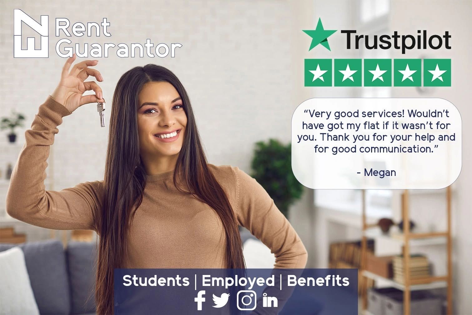 Smiling woman holding house key, Rent Guarantor service promotion with Trustpilot rating.