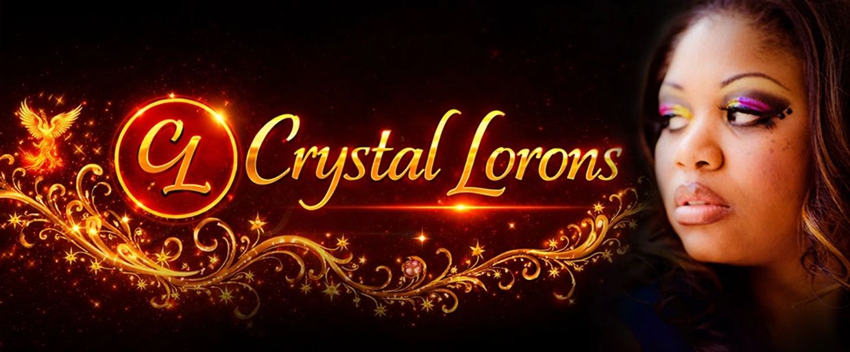 Elegant golden logo and name 'Crystal Lorons' with a woman's portrait.