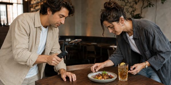 Two people filming a plated dish in a restaurant.