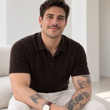 Man with tattoos smiling, dressed in casual outfit.